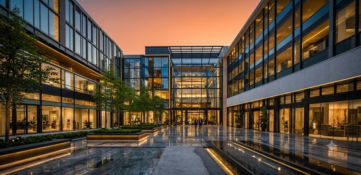 Modern office courtyard at golden hour
